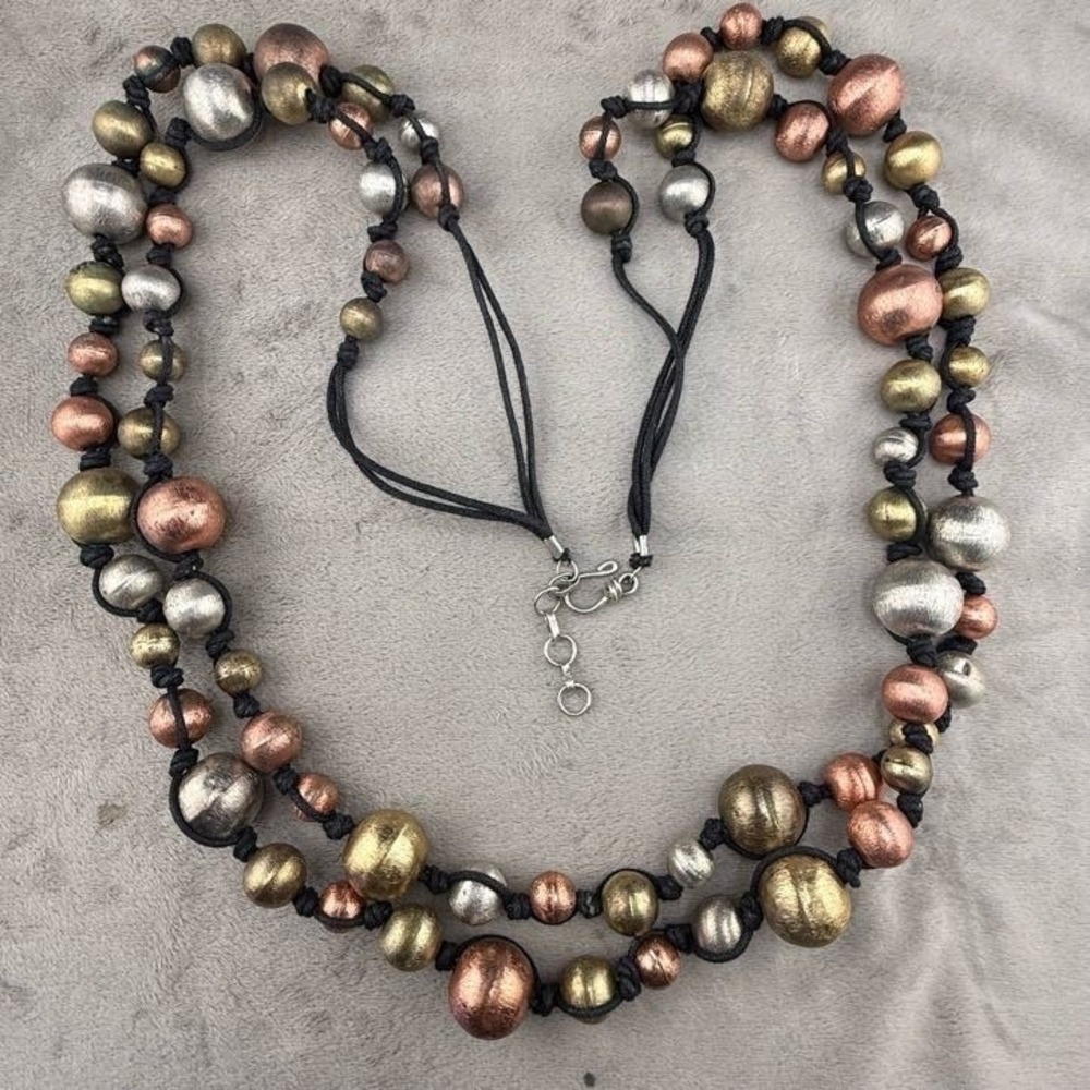 Vintage Estate Beaded Necklace‎ Silver Gold Copper Metallic Cotton Cord 36in